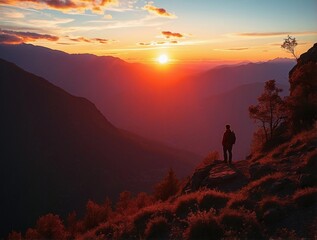 Fototapeta premium silhouette of a person on a mountain top at sunset
