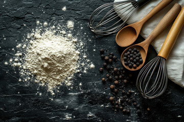 composition of kitchen utensils and ingredients on a dark background. In the center is a pile of flour scattered over the surface. 