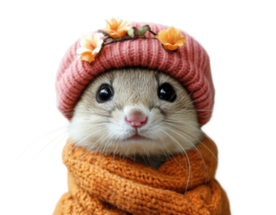 Adorable ferret in winter hat studio setting animal portrait background cute expression whimsical vibe for pet lovers isolated on transparent background