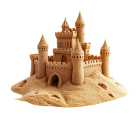 Creative sand castle building contest at the beach artistic display fun environment vibrant viewpoint family-friendly activity isolated on transparent background