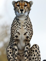 A cheetah with its body coiled in a hunting position, its paws low and eyes sharp, contrasted against the blank white surface