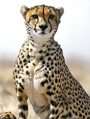 A cheetah with its body coiled in a hunting position, its paws low and eyes sharp, contrasted against the blank white surface