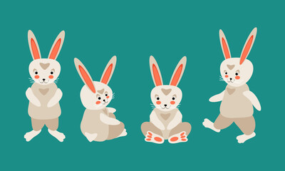 Set of characters, cute cartoon hares, Easter bunnies in different poses standing, sitting, in motion - vector illustration for design of postcards, banners, books, packaging, toys