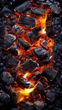 Fiery backdrop: video showcasing burning coals and dancing flames, dark atmosphere glowing embers, offering empty space for text or creative design, highlighting smoldering wood texture in setting.