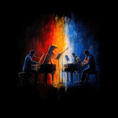 Fototapeta premium Abstract Jazz Music Festival Poster with Sax, Piano, Guitar & Musicians for Concerts, Parties & Flyers