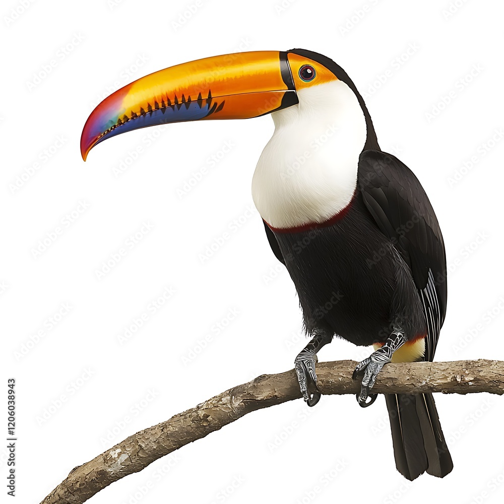 Sticker A close-up of a toucan with its iconic, multicolored beak, perched on a branch, set against a clean, white background