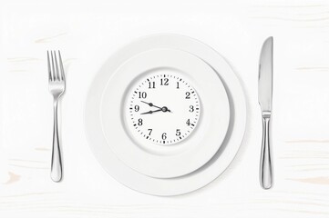 Naklejka premium clock face on a white plate with cutlery,intermittent fasting