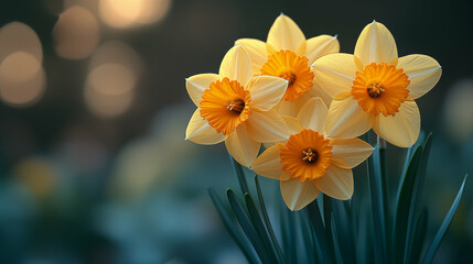 Fototapeta premium Yellow daffodils blooming with orange centers against blurred garden background. Spring flower arrangement with selective focus nature photography