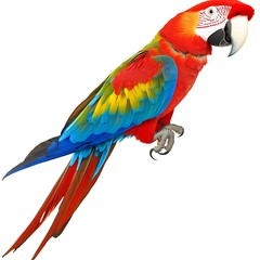 Fototapeta premium A close-up of a vivid parrot perched neatly, its intricate feather patterns and sharp beak standing out against the clean white background