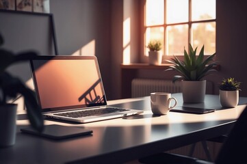Fototapeta premium home office workspace with laptop on desk and coffee