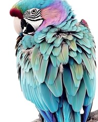 Fototapeta premium A colorful tropical parrot perched gently on a branch, its feathers spreading vibrantly across the white canvas