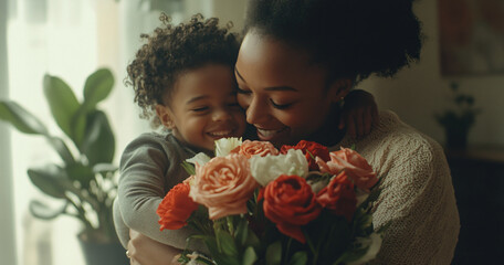 Photo of a Mother's Day celebration, with a mother and children hugging and holding a bouquet of flowers at home, a happy family scene. Taken with a telephoto lens in natural lighting.