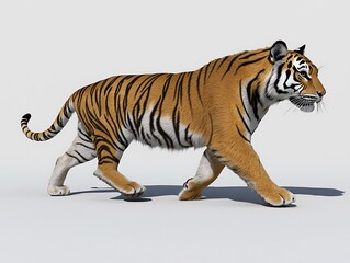 A confident tiger strolling forward, its fur rippling with each stride, highlighted against a minimal white background