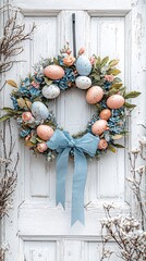 Easter egg wreath with pastel flowers and blue ribbon on white door.