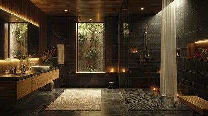 Fototapeta premium Modern bathroom, forest view, evening ambiance, shower, relaxation
