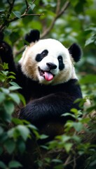 Obraz premium Playful Panda portrait in a dense green forest with its tongue out and mouth open