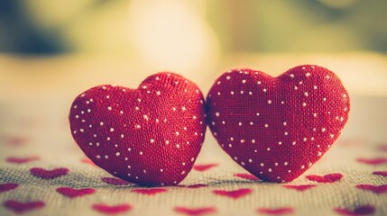 Fototapeta premium Romantic Red Hearts Valentines Day Fabric Texture Background Lovely Sweet Couple Dotted Design Adoration Passionate Affectionate Lovely Hearts Closeup Image card gift 