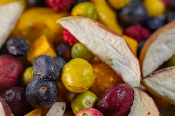 A vibrant mix of freeze-dried blueberries, physalis, cranberries, raspberries, apples, and pumpkin cubes. This colorful assortment showcases a variety of textures and natural colors, perfect for snack