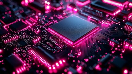 Illuminated CPU on Circuit Board, Tech Background, Digital Innovation