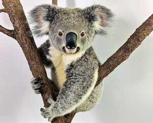 A fluffy baby koala wrapped around a tree branch, its tiny paws and cute face contrasting beautifully with the plain white background
