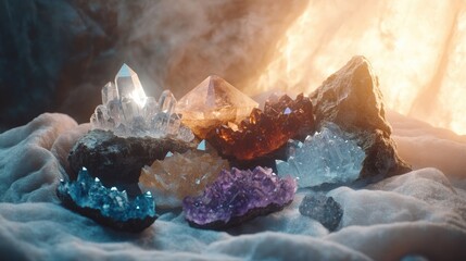 Obraz premium A beautifully arranged display of crystals and gemstones on a soft fabric, highlighting their colors and textures