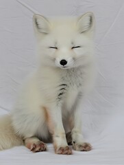 A fluffy white arctic fox sitting quietly with a gentle, peaceful demeanor, its fur soft and well-defined, set against a plain white backdrop