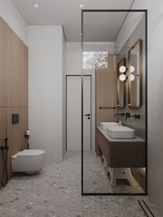 Beige bathroom interior with double sink and mirror, carpet on hardwood floor, bathtub, plants. Bathing accessories and window in hotel studio