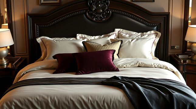 Luxury Bedroom Interior Design: Elegant Bed with Pillows and Blanket. Experience the ultimate comfort and sophistication in this serene and relaxing space. Perfect for hotels or high-end homes.