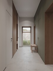 3D visualization of the interior of a modern house. Entrance area. Hallway. Modern interior design. bright shades
