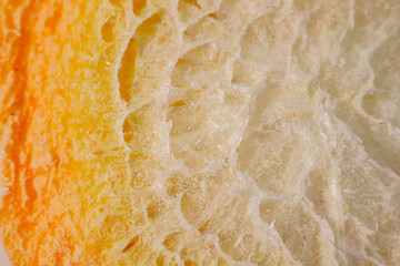A detailed macro view of a freeze-dried carrot slice, highlighting its vibrant orange color and intricate texture. Perfect for healthy snacking or as a culinary ingredient.