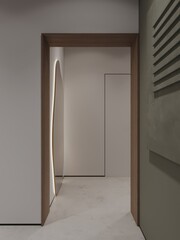 The interior of the modern Hall with an empty wall, an entrance door, a white wardrobe, a mirror, a pouf and a wooden floor. Front view. 3d render