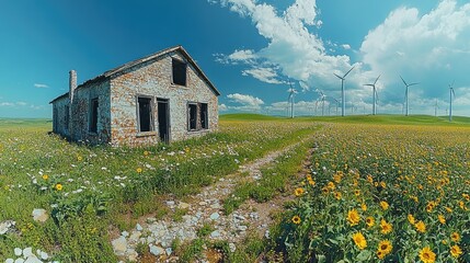 Obraz premium A rustic stone house surrounded by vibrant flowers and wind turbines under a blue sky.