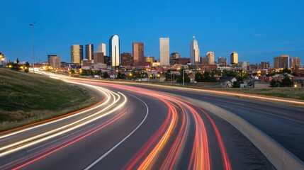 Fototapeta premium City Skyline Night Highway Traffic Light Trails Urban Scene