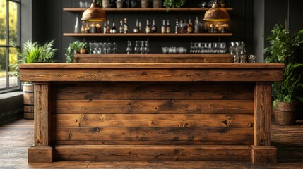A rustic wooden bar with a stylish backdrop of shelves and plants, ideal for social gatherings.