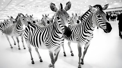 Fototapeta premium A herd of zebras walking together in unison, their black-and-white stripes contrasting with the clean white backdrop, creating a harmonious and graceful scene