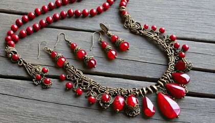Parure vintage élégante de bijoux ornés de pierres précieuses rouges sur un fond en bois rustique, vintage, collier, boucles d'oreilles, rouge, pierres précieuses.