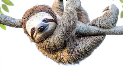 A lazy sloth hanging from a tree branch, its relaxed posture captured against the clean white background