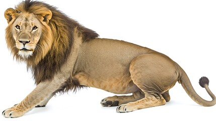 A lion exuding grace and strength as it sits with poise, its mane subtly ruffled on a stark white background