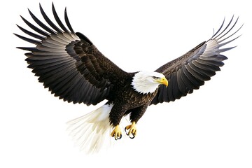 Obraz premium A majestic eagle with its wings fully extended, each feather sharp and powerful, with the pure white background adding emphasis to the bird's grandeur