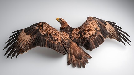 Obraz premium A majestic eagle spreading its massive wings wide, showcasing its feathers in full glory against a blank white backdrop, exuding power and freedom