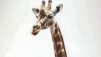 A majestic giraffe standing tall, its long neck extending gracefully against a pure white background