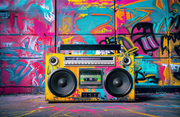 Retro old design ghetto blaster boombox radio cassette tape recorder from 1980s in a grungy graffiti covered room.music blaster	
