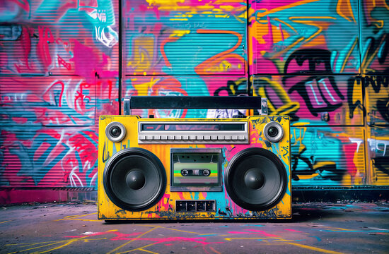 Retro old design ghetto blaster boombox radio cassette tape recorder from 1980s in a grungy graffiti covered room.music blaster	
