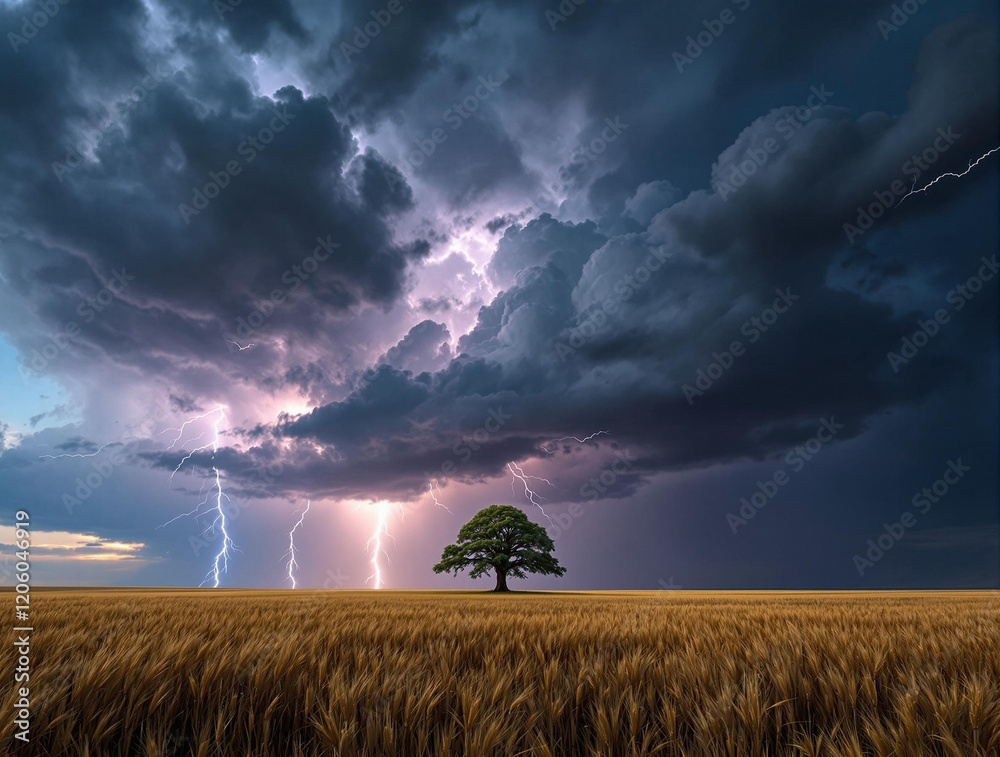 Poster a dramatic stormy landscape with dark, ominous clouds and lightning bolts striking the horizon. a so
