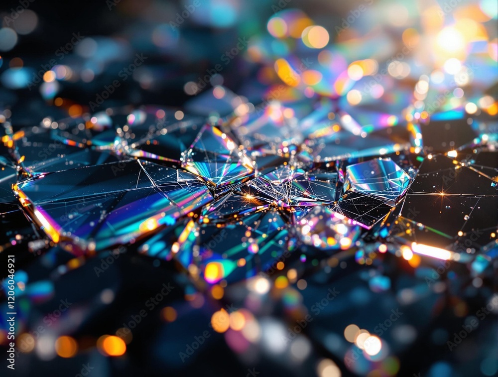Poster a close-up view of a cracked glass surface with colorful reflections and light effects, creating a vibrant and dynamic visual impact.