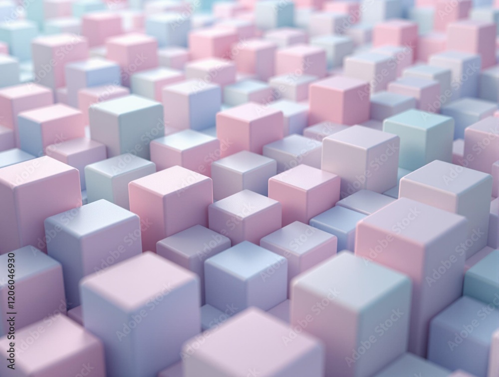 Poster a 3D render of a collection of pastel-colored cubes arranged in a grid-like pattern, giving a sense of depth and perspective.