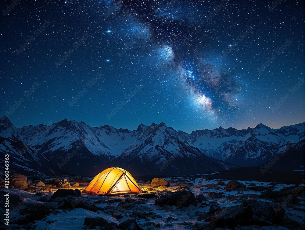 Poster a campsite set up in a mountainous landscape under a starry night sky. there is a yellow tent with a