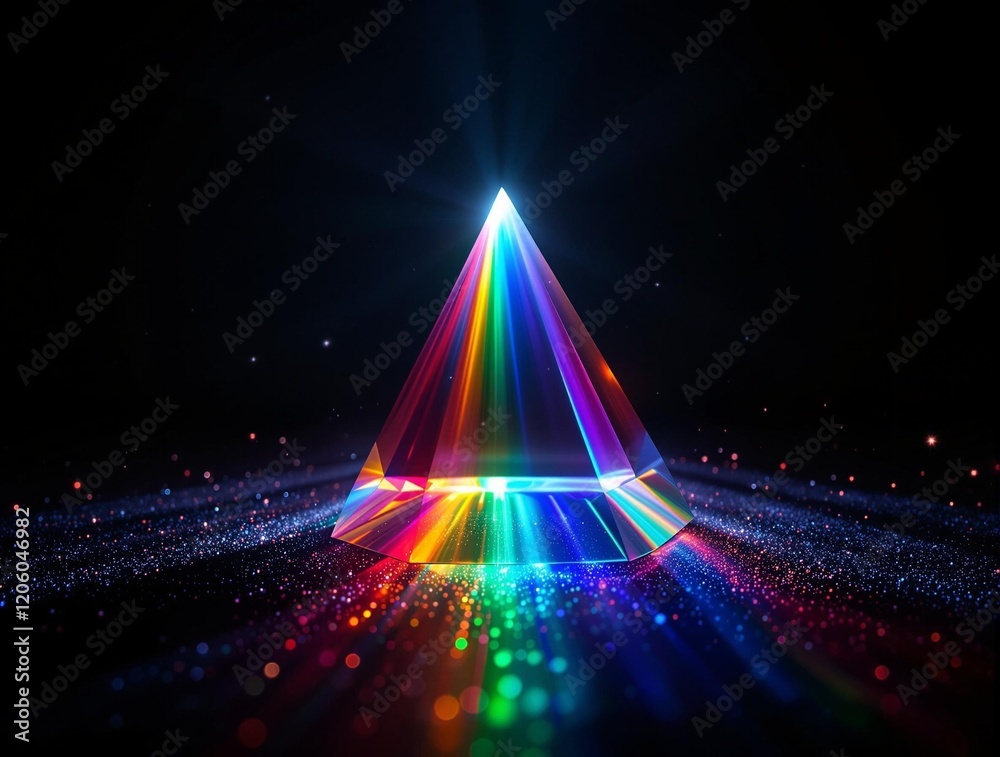 Poster a vibrant display of light projection, with a triangular prism in the center from which various colored lights are beamed outwards, creating a spectacular visual effect.