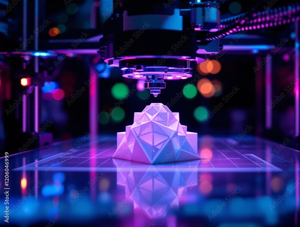 Aufkleber a 3d printer in action, with the printer head positioned above a geometric, pink and purple object o