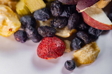 A colorful assortment of freeze-dried apples, bananas, strawberries, and blueberries displayed on a white surface. The vibrant textures and natural colors emphasize their preserved freshness.